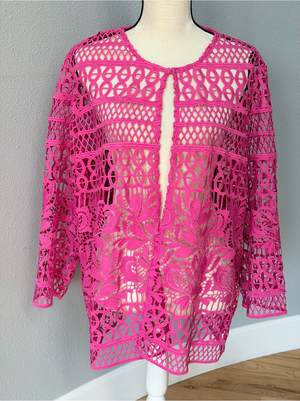 Chico's Travelers Collection Pink Macramé Lace Open Front Jacket Blazer Size 4